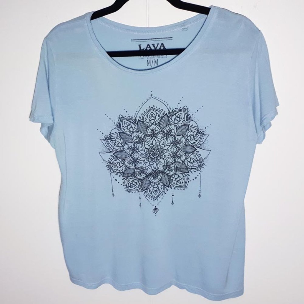 "Lava" Tee shirt with lotus on soft blue. size medium